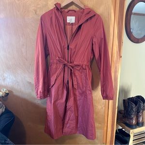 NWOT A New Day Long Hooded Rain Coat with Cinch Waist in Blood Orange